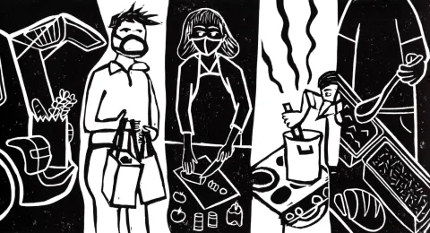 Carved art in alternating black and white of people taking food, prepping, cooking, and serving.